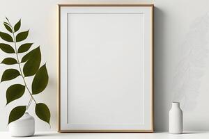 Blank picture frame mockup on wall in modern interior. Artwork template mock up in interior design. Wooden Picture Frame Mockup on White Wall Minimalist - photo