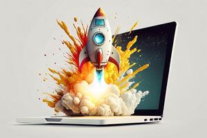 Rocket coming out of laptop screen, white background. AI digital illustration concept of ideas and start up. photo