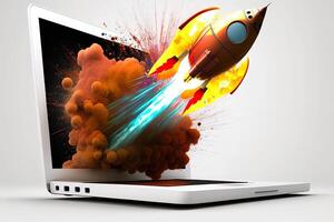Rocket coming out of laptop screen, white background. AI digital illustration concept of ideas and start up. photo