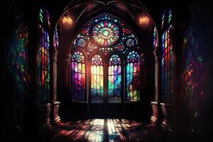 Palace interior with high stained-glass windows made of multicolored glass, an old majestic hall, sun rays through the windows. Dark fantasy interior. photo