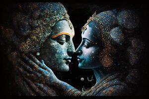radha Krishna en amor medio Disparo fotografía retrato de cósmico galáctico generativo ai. símbolo de divino amor. Arte impresión para hogar decoración hindú Pareja en resumen decorativo antecedentes foto