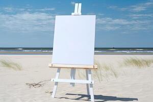 White blank artist frame on a small wooden easel on summer sea beach background with copy space. Advertising mockup artboard for pictures or artwork. Painting frame template banner. photo