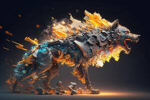 fusion of metal wolf exploding through fire surrounded by scattered glass shards and debris, cosmic energy photo