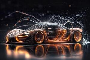 hyper car neon background . Streamline test over the modern car design, diffuse plastic optic, some glowing contours illuminate the car details, dark scene, cinematic lightning photo
