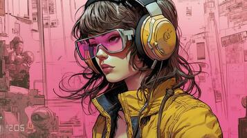 generativo ai, persona en anteojos, cyberpunk anime estilo inspirado por josan gonzalez ligero amarillo y rosado colores, virtual realidad concepto foto
