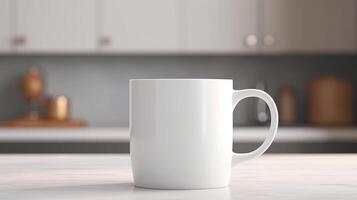 generativo ai, blanco cerámico taza configuración en a hogar interior, jarra burlarse de arriba blanco. foto