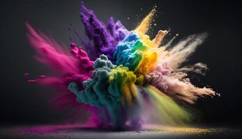 , Flowing isolated colorful sand and powder with splashes. Bright banner, 3D effect, modern macro realistic abstract background illustration, dark background.. photo