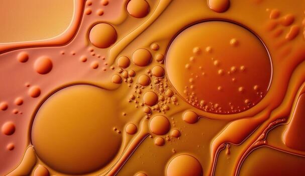 , Flowing liquid with splashes in apricot color. Glossy cream caramel fluid banner, 3D effect, modern macro photorealistic abstract background illustration. photo