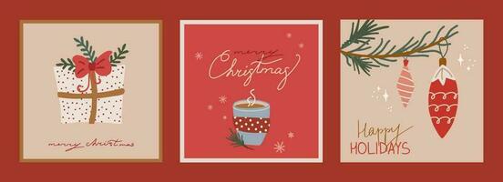 conjunto de Navidad y nuevo año tarjetas con mano dibujado ilustraciones de Navidad símbolos en retro estilo vector