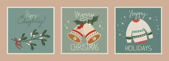 Set of christmas and new year cards with hand drawn illustrations of christmas symbols in retro style vector