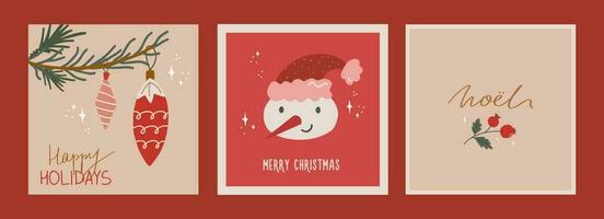 conjunto de Navidad y nuevo año tarjetas con mano dibujado ilustraciones de Navidad símbolos en retro estilo vector