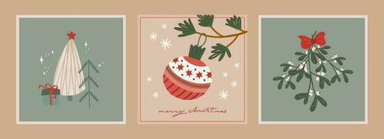 Set of christmas and new year cards with hand drawn illustrations of christmas symbols in retro style vector