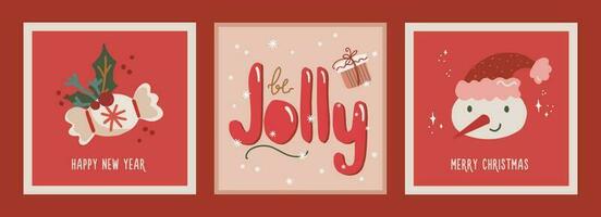 Set of christmas and new year cards with hand drawn illustrations of christmas symbols in retro style vector