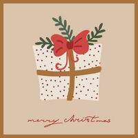 Christmas and new year card with merry christmas lettering. Illustration of christmas present with bow in retro style vector