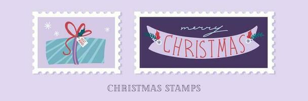 Hand drawn collection of christmas postage stamps in cartoon style vector