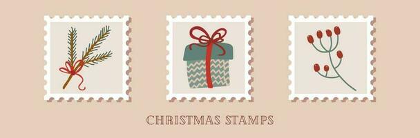 Hand drawn collection of christmas postage stamps in retro style vector