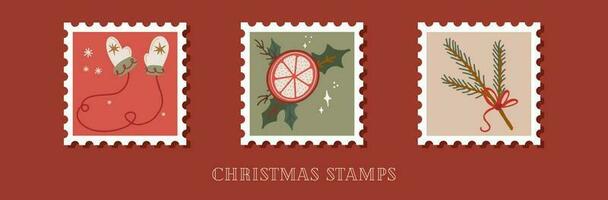 Hand drawn collection of christmas postage stamps in retro style vector