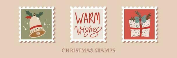 Hand drawn collection of christmas postage stamps in retro style vector