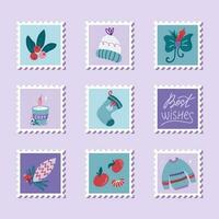 Hand drawn collection of christmas postage stamps in cartoon style vector