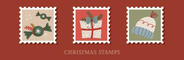 Hand drawn collection of christmas postage stamps in retro style vector