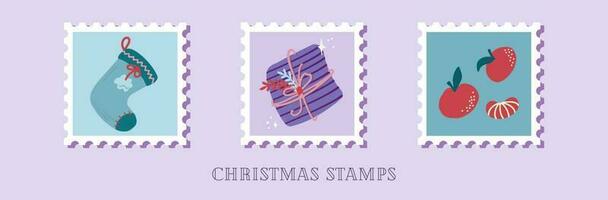 Hand drawn collection of christmas postage stamps in cartoon style vector