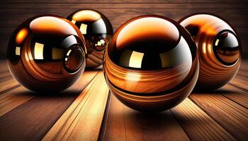 Wooden glossy 3d spheres abstract background. photo