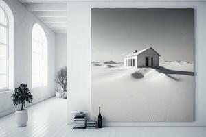 White minimalistic interior and painting with winter landscape. Generative AI photo