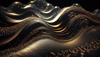 Golden smooth liquid waves and shiny particles abstract background. photo