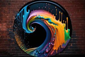 Colorful liquid paints in circle on brick wall. photo