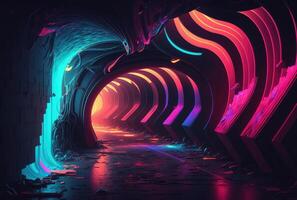 Tunnel with neon lighting. photo