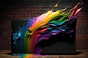 Colorful liquid paints on brick wall. photo