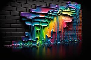 Colorful liquid paints on brick wall. photo