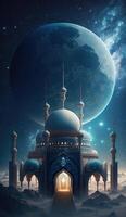 islamic nuances background with mosque and moon. photo