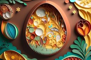 paper cut quilling multi dimensional easter egg in easter celebration, a lot of egg and small rabbit in background. Spring concept. photo