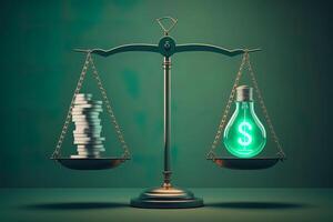 Scales with light bulb on one side and money on the other, concept of ideas and innovation, green background. Digital illustration. photo