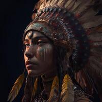 Generative AI native american woman in ceremonial head dress, reflection of the silhouette of tribal ancestors in her eyes. Close up of colorful dressed native woman isolated on black background. photo