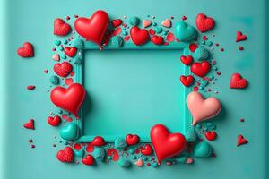 Valentine frame and banner. Red, blue, cyan, pink decoration. flat lay, romantic. Love and valentine day concept. photo