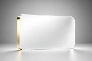 a white card for mockup, horizontal rectangular with rounded corner shapes, front view, stunning light, studio light, reflexion of hundred fine lines of gold reflection, white background photo