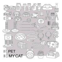 A large set of elements for animals, cats, dogs. Pet care.  Line art. vector