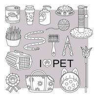 Set of elements for animals, cats, dogs. Pet care.  Line art. vector