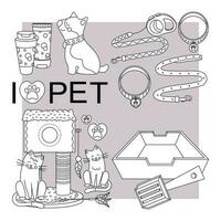 Set of elements for animals, cats, dogs. Pet care.  Line art. vector