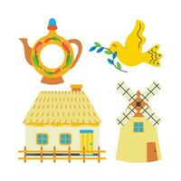 Ukrainian house, jug, mill, bird with a branch. vector