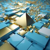 Abstract background with golden cyan color different cubes. photo