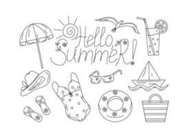 Summer beach set  . Clothing, beach shoes, hat cartoon. Vector illustration. Background isolated.