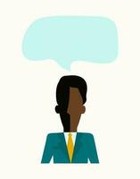 A dark-skinned man and a speech bubble, room for text. A black man in a business suit negotiating, thinking, and solving business problems. Vector cartoon illustration.