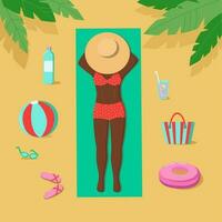 Girl with dark skin, young black Woman in a hat and a swimsuit.   sunbathing on the beach. Vacation by the sea, ocean, palm tree, Plants, leaves, decor.  Vector. Beach accessories, woman. vector
