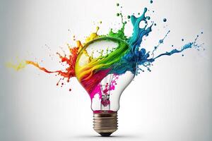 illustration of colorful bulb with splash of colors on white background. Creativity, eureka, imagination, inspiration. . Idea and solution concept photo