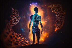 astral cuerpo silueta con resumen espacio antecedentes. esotérico, espiritual vida y meditación concepto. vida futura y conexión con otro mundos creado con generativo ai foto