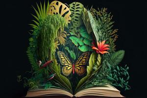 un tropical selva selva con loro, pájaro, mono, lobo apareciendo apertura un libro. selva libro para niño. fantástico selva paisaje. generativo ai foto