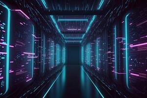 Abstract neon lights into digital technology tunnel. Futuristic technology abstract background with lines for network, big data, data center, server, internet, speed. technology photo